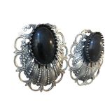 VTG Large Silver Scrolled Pierced Earring Faux Black Onyx Art Deco 70’s Costume Photo 2