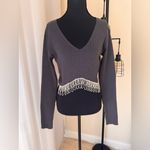 ZARA  Grey Ribbed Knit Long Sleeves Hanging Rhinestones Cropped  Shirt NWT Size L Photo 3