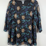 Catherines Top Womens 2X Black Multi Embroidered Floral Sheer 3/4 Sleeve Blouse Photo 0