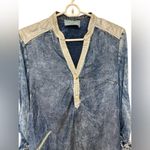 Elisa Cavaletti Italian Blue Acid Wash Pleather Trim Viscose Button Shirt Photo 3