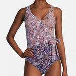 Lands' End  Slender Tummy Control V-Neck Wrap Swimsuit Navy Paisley Mix Size 12 Photo 0