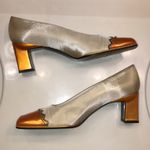 Stuart Weitzman  Women’s Color Block Orange Satin Beige Square Toe Block Heels Photo 5