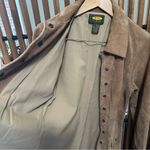 Free People  VTG Camel Suede Snap Button Long Trench Jacket Boho Western Large Photo 11