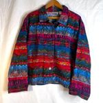 Chicos Design Bold Abstract Artsy Colorful Button Front 100% Cotton Jacket 3/LG Photo 8