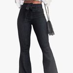 NEW High Waisted Bell Bottom Jean Denim Wide Leg Belted XL Long Black Photo 0