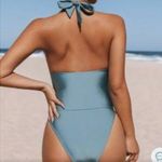 Cupshe NWT  Metallic Blue Green Sexy Ruched One piece Halter Tummy Swimsuit Photo 1