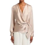 AQUA  Champagne‎ Satin Wrap Blouse XS Long Sleeve Tie Front Party Cocktail Top Photo 2