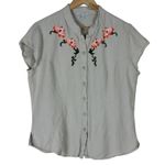 Bogari Button Down Top Womens L Cream Linen Floral Embroidered Boho Southwestern Orange Size L Photo 0