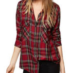 Sanctuary red plaid boyfriend pocket front button down flannel L Photo 0