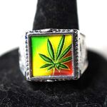 Trendy Silver Tone Engraved Peacock Wide Band Marijuana Inlay Size 10 Retro Ring Photo 1