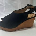 Anthropologie Women’s Black Suede Wedge Sandal Size 10 Bows Wood Heel NEW Photo 0
