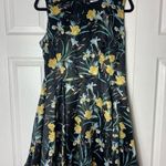 Bar III Black Yellow Floral Tropical Fit & Flare Satin Silky Dress Size Medium Photo 0