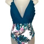 Women's Leaf Print Two Tone One Piece Ruffle V Photo 1