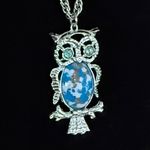 Vintage Double Owl Pendant Necklace Silver tone Spotted Bellies Rhinestone Eyes Photo 3