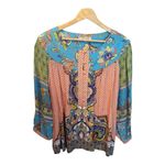 John Mark Mixed Print Peasant Top Multi Large Boho Coastal Western 3/4 Sleeves Photo 2