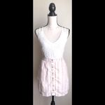 Lottie Moss Tan & White Linen Mini Skirt: Vertical Stripes, High Waist, Front Buttons, Sz. L Photo 1