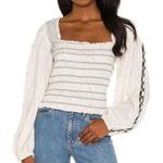 Free People  Maggie Medium Embroidered Top Square Neck Smocked Puff Sleeves Ivory Photo 0