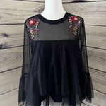 Living Doll Black Mesh Layered Floral Embroidered Top Photo 0