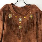 Vintage 80s Brown Cotton Tie Dye Southwestern Fringe Top Pants Set Outfit L XL Size undefined Photo 1