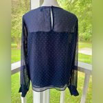 EXPRESS Sheer Navy Sleeve Blouse Hot Pink Polka Dots & Ruffle Detail - Size M Photo 3