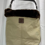 Liz Claiborne  Tan Poly Vinyl Brown Faux Fur Trimmed Handbag Photo 0