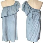 BB Dakota  One Shoulder Dress Tencel Chambray Blue Medium Ruffle LIGHT STAIN Photo 1