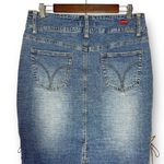 Vigoss Vintage Y2K Denim Midi Skirt XL Lace Up Side Slit London Blue Fringe Photo 3