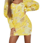 Missguided Yellow Gold Metallic Floral Puff Sleeve Corset Mini Dress US 8 NWOT Photo 0