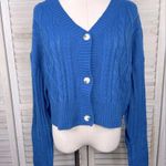 DAZY Cropped Button Front Cableknit Cardigan Sweater Blue Photo 0