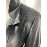White House | Black Market WHBM Black Genuine Leather Jacket Ruffle Collar Front Seam Detail Women Medium Photo 3