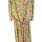 Vintage Floral Midi blouson pleated skirt tie front top dress secretary 14 Yellow Photo 0