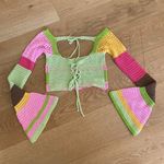 Crochet Knit Stripe Bell Sleeve Crop Top in Green & Pink Photo 2
