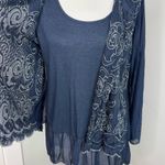 Belle France Blue Long Sleeve Silk Blouse Silver Embroidered Tunic Top Small Photo 3