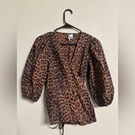 Ganni  Leopard Print Puff Sleeve V-neck Crossover Wrap Top Size 36 US 4 Small Photo 2