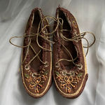 Embroidered Beaded Lace Up Ballet Brown Espadrille Flats Shoes Bohemian Fairy Size 9.5 Photo 0
