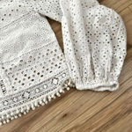 ZARA  | White Lace Eyelet Button Up Balloon Sleeve Blouse | Size Large Photo 5