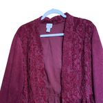 Chico's  Womens Size XL Burgundy Open Front Lace Trim Faux Suede Open Jacket Photo 1