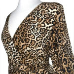 Huguest Leopard Ruffle Deep Drop Neckline Mini Dress with Belt Tie Brown Size M Photo 2