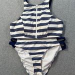 Venus High Neck Zip front Bikini Swimsuit Size 14 Navy/White Sailboat Stripe Photo 0