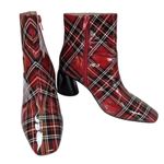 Betsey Johnson Regie Red Tartan Plaid Boots Booties Sz 6.5 Wet Look Chunky Heel Photo 2