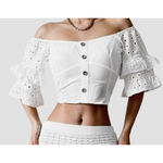 ZARA Shirt Womens Large White Off Shoulder Eyelet Ruffle Sleeve Button Crop Top Photo 1