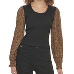 DKNY Womens Black With Leopard Long Puff Sleeve Size L. LTOP861 Photo 0