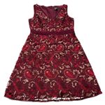 Adrianna Papell  Dress Womens 12 Petite Red Gold Lace Overlay V Neck A‎ Line Photo 1