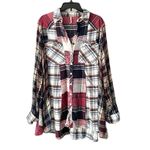 Free People  Penny Plaid Mini Shirtdress Embellished Red Blue Beaded size Medium Photo 3