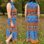 Vintage 70s Blue & Orange Mock Neck Maxi Dress Multiple Size L Photo 3