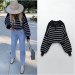 ZARA [] Blue Striped Chunky Knit Boxy Cropped Sweater Balloon Sleeves Sz Medium M Photo 1