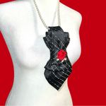 “Dainty Dapper”Black and Red Striped Tie Necklace w/ beautiful red rose brooch Black Photo 2