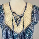 Rewind Blue and white crochet lace boho peasant top size large Photo 1