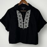 Banana Republic  Linen Blend Embroidered Top Black White Medium Short Sleeve Boho Photo 2
