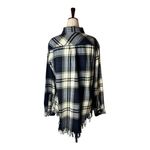 Tizzie Shirt Women Medium Blue Ivory Plaid Cotton Fringe Hem Button‎ Down Preppy Photo 1